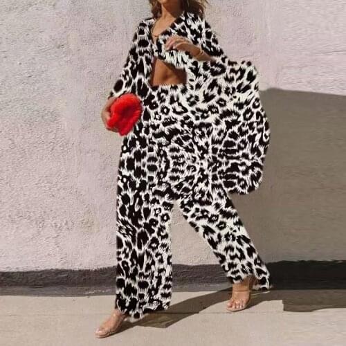 Autumn Women Two Piece Set Elegant Leopard Print Button Shirt and Wide Leg Pants Suits 2020 Fashion Long Sleeve 2 Piece Outfits