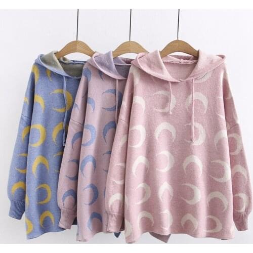 Girl Moon Print Hooded Sweater Women Hooded Collar College Sweet Style Computer Knitted Sweater Ruched Casual Female 2020 Spring