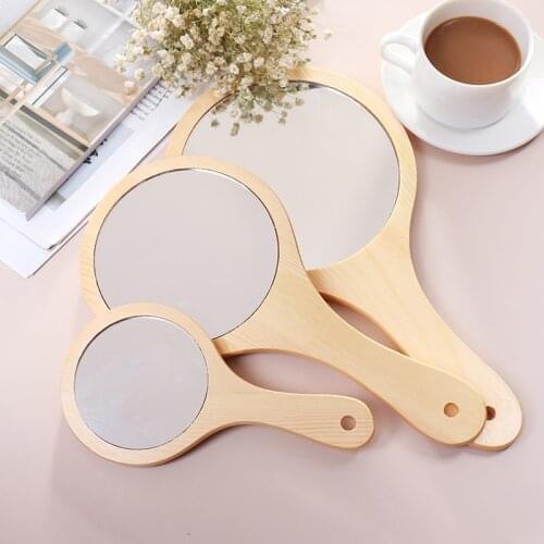 1Pcs Mirror Portable Round Wood Vintage Hand Mirror Make Up Mirrors With Handle For Women 3 Size Option