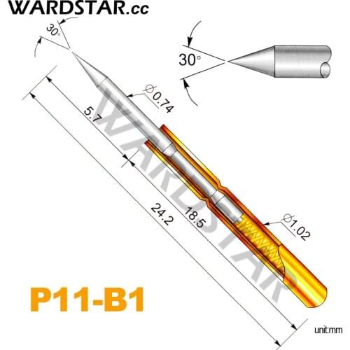 100pcs P11-B1 Dia 0.66mm Spring Test Probes Pogo Pin Length 24.2mm (Stroke Spring Froce:120g)