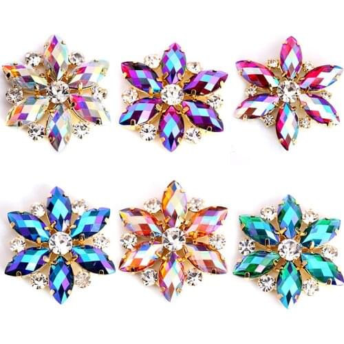 3.5x3.5cm Crystal AB Navette Round Sewing On Rhinestone Applique 1 Pcs Gold Base Crystal Sew On Rhinestones Wedding Dress B0988