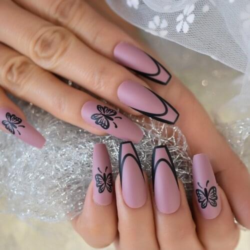 Matte Butterfly Pattern Coffin Fake Nail Tips Dark Purple Full Cover Press On Nails Salon ABS Ballerina False Nails