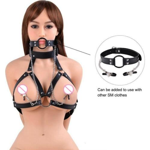 PU Leather Mouth Gag Ball Oral Sex with Chain Clip Breast Nipple Clamps Fetish Bondage Harness Erotic Sex Adult Toy for couples