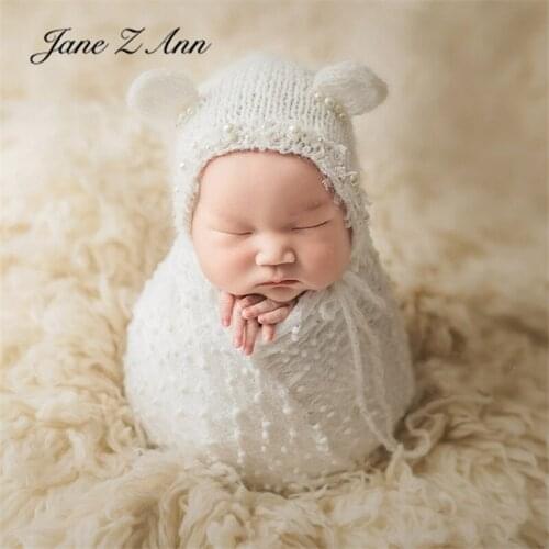 Jane Z Ann Newborn baby white mohair bear ears pearl hat studio shooting accessories photography prop cap