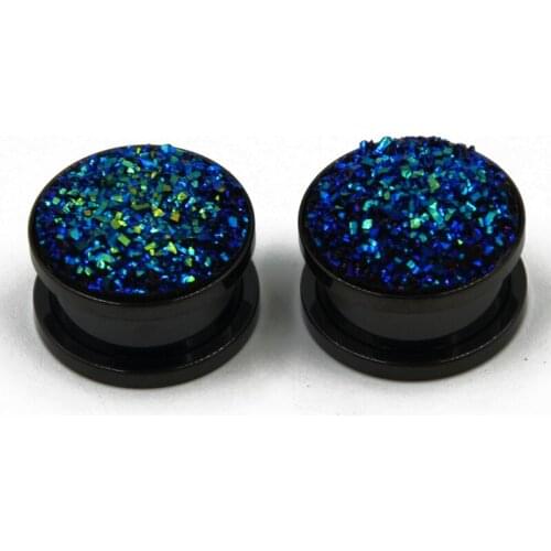 BOG-1Pair Anodized Black Stainless Steel Screw Fit Ear Tunnel Plug Gauge Expanders Earlet Piercing With Synthetic Druzy