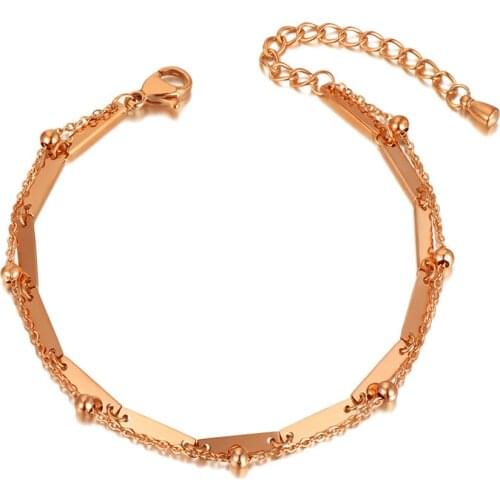 Hiphop/Rock Double Layer Stainless Steel Round Beads Charm Bracelets For Women Bohemia Rose GOld Chain Bracelet B20044