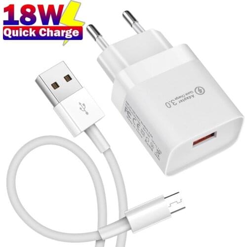 Quick Charge QC 3.0 18W USB EU Mobile Phone Charger Wall Fast Charging Adapter Micro Usb Cable For iPhone 12 Pro Max Samsung A12