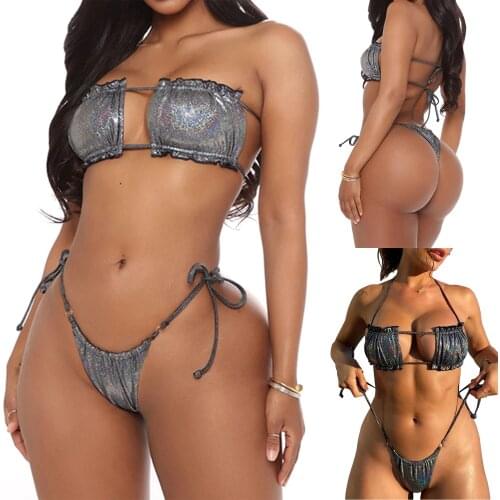 Women’s 2Pcs Shiny Bikini Suit Strapless Pleated Drawstring Lace-up Halter Tops with Side Tie Bottoms