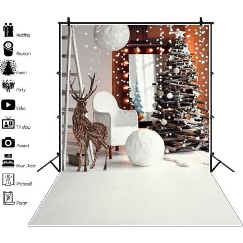 Winter Christmas Wood Tree Snow Ladder Reindeer Party Decor Baby Portrait Photo Backdrops Photocall Photographic Backgrounds