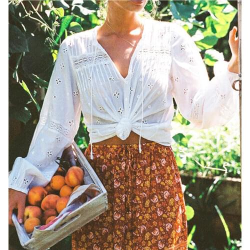 Jastie 2021 Spring Summer Ruffled Embroidery Blouses V-Neck Long-sleeve French Blouse V-neck Boho White Lady Shirts Blusas