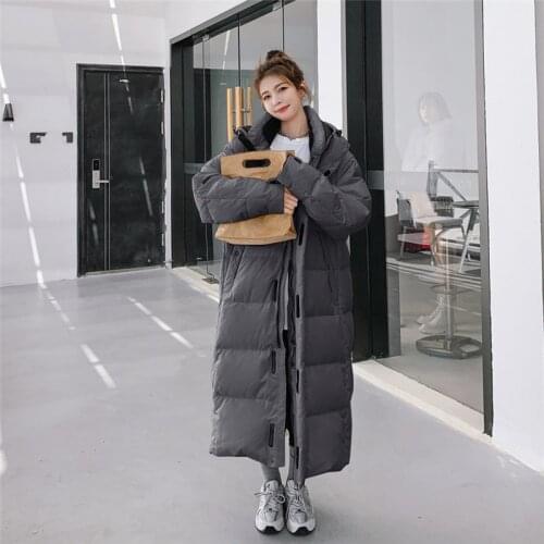 Korean womens loose large size thickened long hooded cotton coat winter coat solid color bread coat cotton coat