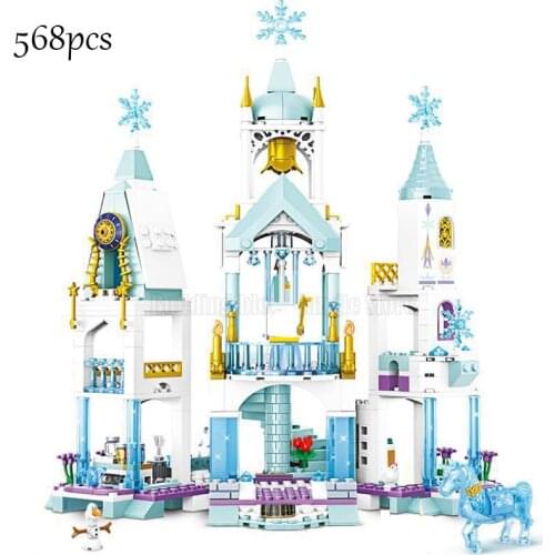 Disney girl toy block set princess ice castle party dream house villa crystal horse assembly model childrens birthday gift
