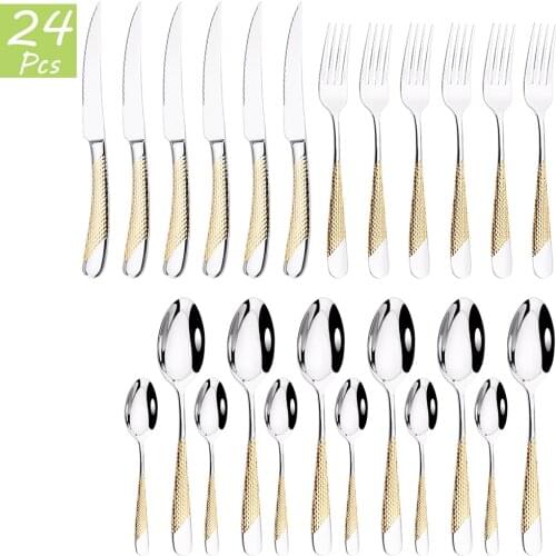 24Pcs Gold Dinnerware Cutlery Set 18/10 Stainless Steel Silverware Dinner Set Knife Fork Spoon Kitchen Tableware Dropshipping