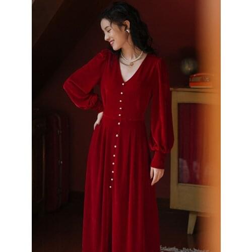 Autumn Womens Dress Retro Red Lantern Sleeve Red Velvet Dress Socialite Thin Temperament Socialite Palace Wind Long Dress
