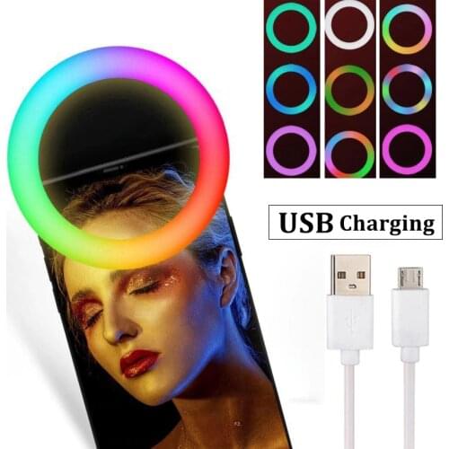 Rechargable RGB LED Ring Mobile Phone Selfie Ring Flash Lens 3-level Brightness Fill Light Lamp Clip-on For Smartphone Light 3.3