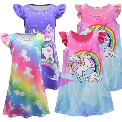 Unicorn Dresses for Girls Costume 2020 New Style Summer Short Flying Sleeve Cartoon Rianbow Princess Skirt Childrens Clothing