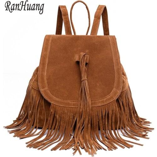 RanHuang New 2018 Women Fashion Tassel Design Pu Leather Womens Shoulder Bags Black Brown Vintage Backpack Girls School Bag