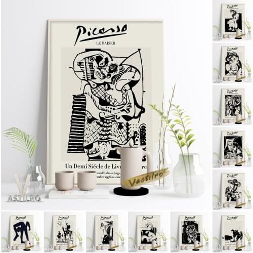 Pablo Picasso Black White Sketches Exhibition Retro Poster High Quality Print Canvas Painting Vintage Home Decor Wall Pictures