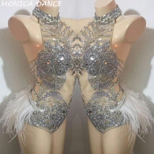 Sexy Perspective Dj Costume Sparkly Silver Rhinestones Feather Outfit Design Party Dj Female Singer Sexy Nightclub Dance Costume