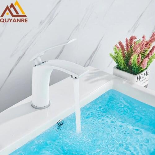 Quyanre White Black Brass Basin Faucet Solid Cold & Hot Water Bathroom Faucet Single Handle Water Sink Tap Waterfall Basin Tap