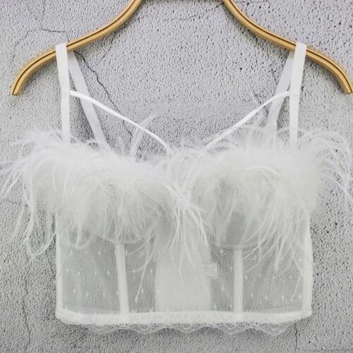 Solid Color Sexy Perspective Lace Feather Vest Tube Top Women Jazz Stage Performance Clothing Female Wears Rave Outfit DT2338