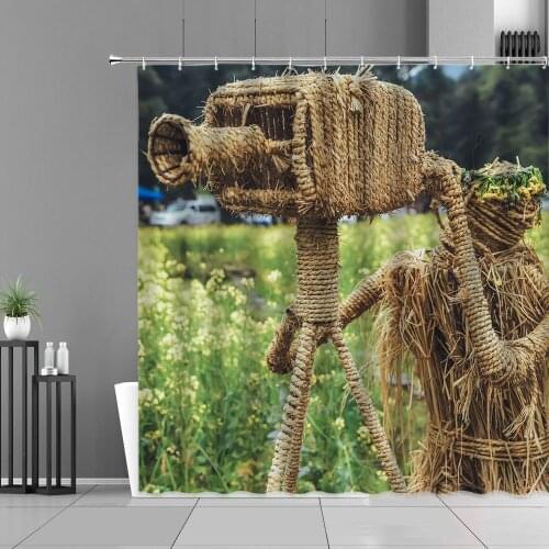 Spring Countryside Scenery Shower Curtain Scarecrow Green Plant Natural Landscape Bathroom Decor Curtains Waterproof Bath Screen