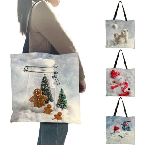 Merry Christmas Series Womens Handbag Snowman Reindeer Polar Bear In Snow Printed Shoulder Bag Eco Large Shopping Totes B13118