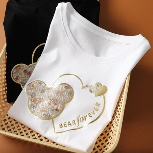 Women Summer Black Short-Sleeved Cotton Cartoons Bear Printed T-Shirts Girls White Kawaii Lovely Loose Tops NW175