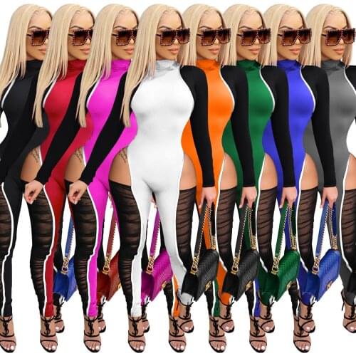 New 2021 Mesh Patchwork Ruch Rompers Womens Jumpsuit Long Sleeve Sporty Bodycon Hollow Out Stacked Jumpsuit Workout