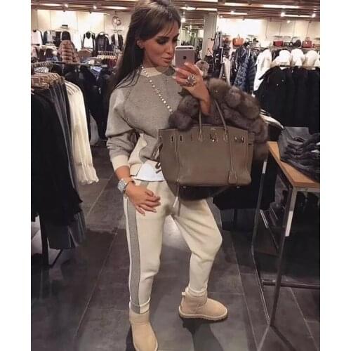 2019 New Cashmere Real Sale Wool Women Knitted Sweater Two Sets Of Mink Velvet Fashion Fight Color Round Neck + Pants Two-piece