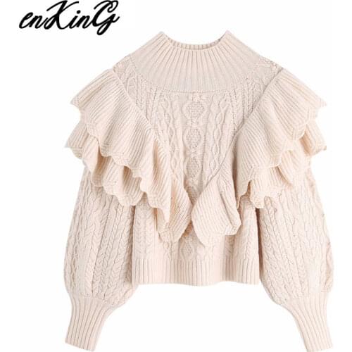 2019 Autumn and winter womens half high collar layered Ruffle edge knitted Lantern Sleeve Sweater