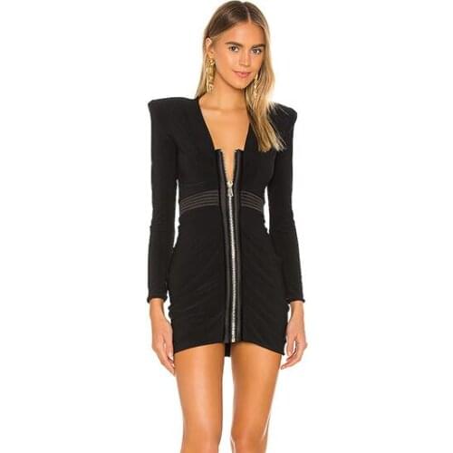 Women Winter Style Sexy Long Sleeve V Neck Black Mini Bodycon Bandage Dress 2021 Elegant Evening Party Club Dress