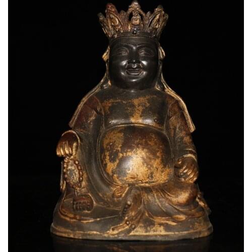 8"Chinese temple collection Old Bronze Cinnabar Lacquer Maitreya Future buddha Big belly buddha Sitting Buddha Enshrine