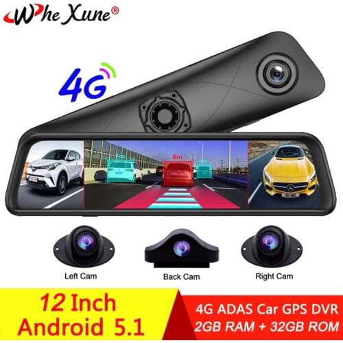 WHEXUNE 4G 12"Car DVR Camera 4 Channel Lens GPS Video Recorder FHD 1080P Wifi Rearview Mirror Dash Cam Auto Registrar with Mount