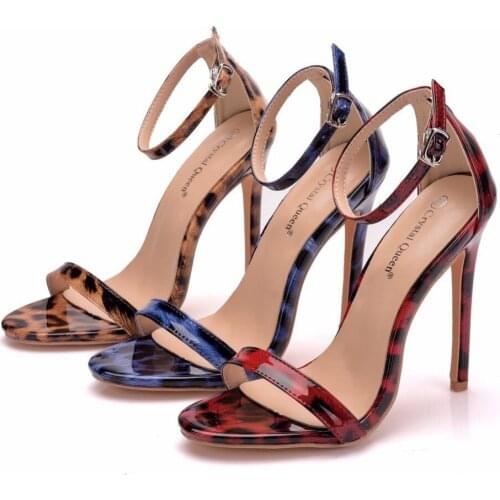 Crystal Queen Leopard Printr Woman Shoes Sandals With Buckle Peep Toe Stilettos High Heel Sandals Plus Shoes 42 black blue