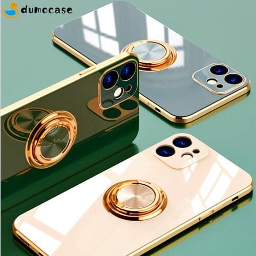 Luxury Plating Phone Case For IPhone 11 12 Pro Max 12 Mini XS Max X XR 8 7 Plus Solid Color Metal Ring Holder Mirror Clear Cover