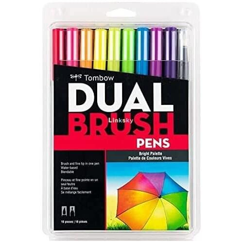 Tombow 56185 Dual Brush Pen Art Markers, Bright, 10-color . Blendable, Brush and Fine Tip Markers