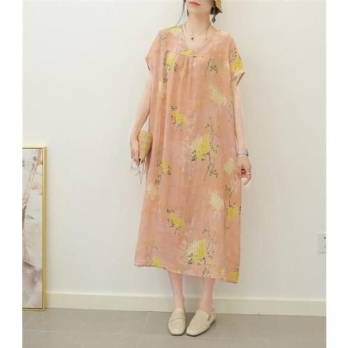 High-end Cotton Linen Short Sleeve Dress Womens Summer New V-neck Literary Pink Printed Thin Large Size Female Vestidos aq1195