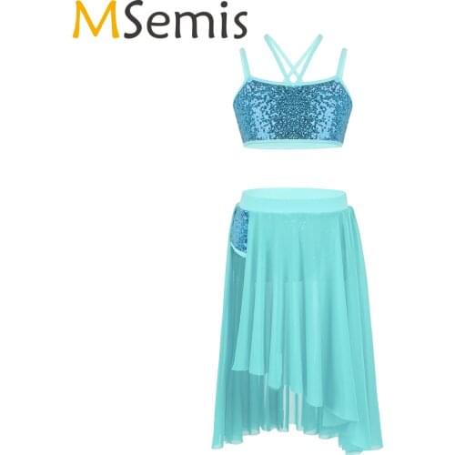 MSemis Girls Lyrical Dance Costume Set Kids Ballerina Gymnastics Leotard Sequin Crop Top Side Split Asymmetric Ballet Tutu Skirt