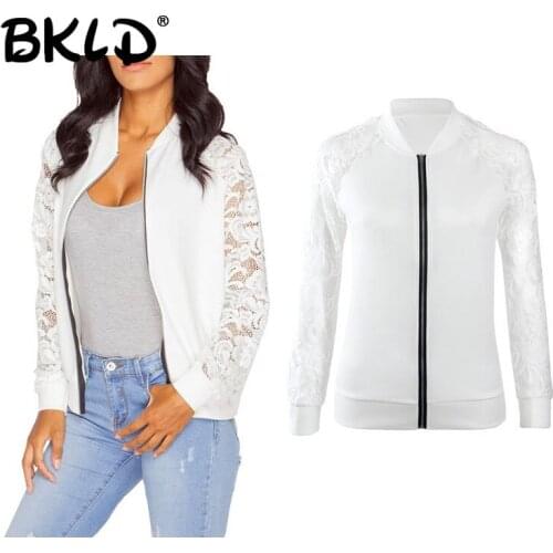 BKLD New Spring Autumn Women Thin Jackets Tops Basic Bomber Jacket Long Sleeve Coat Casual Lace Sleeve Patchwork Women Outerwear