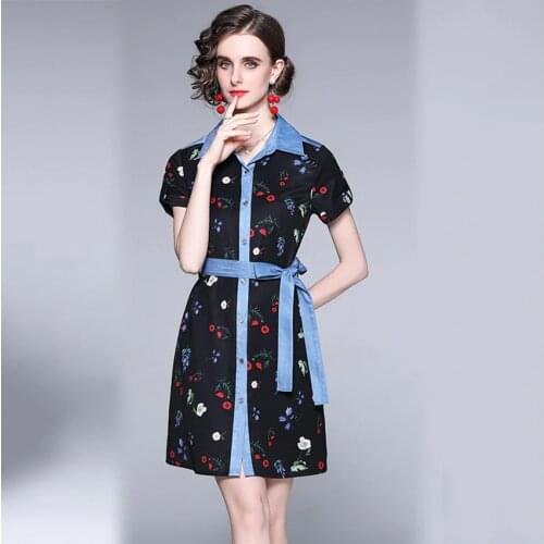 Summer Dress 2021 Short Sleeve Casual Floral Chiffon Dress Women Denim Patchwork Mini Shirt Dress Robe Jeans Femme