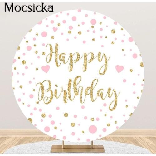 Mocsicka Pink and Gold Confetti Dots Birthday Party Backdrop for Girls Happy Birthday Decorations Background Round Circle Cover