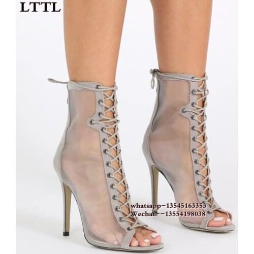 Fashion Gray Mesh Clear Women Lace Up Ankle Boots Sexy Peep Toe Suede Leather Back Ladies Thin High Heel Booties Sandals Woman