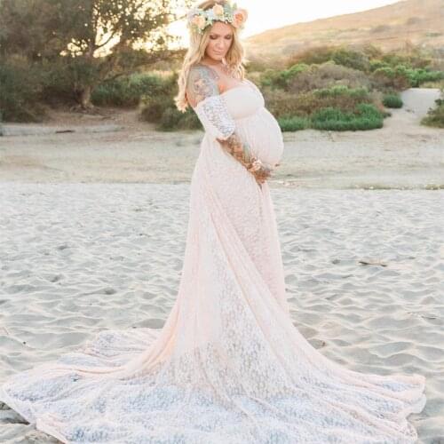 New Maternity Lace Dress For Photo Shoot Pregnant Women Baby Shower Dress Maternity Photography Props Tail Ground Dress 2021