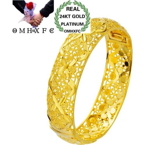 OMHXFC Wholesale European Fashion Woman Girl Party Wedding Gift Bohemia Hollow Flower 24KT Gold Open Bangles Bracelets BE120