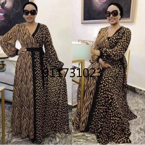 African Dresses for Women 2021 Summer Long Sleeve V-neck Sexy Printing Polyester Long Dresses African Clothing