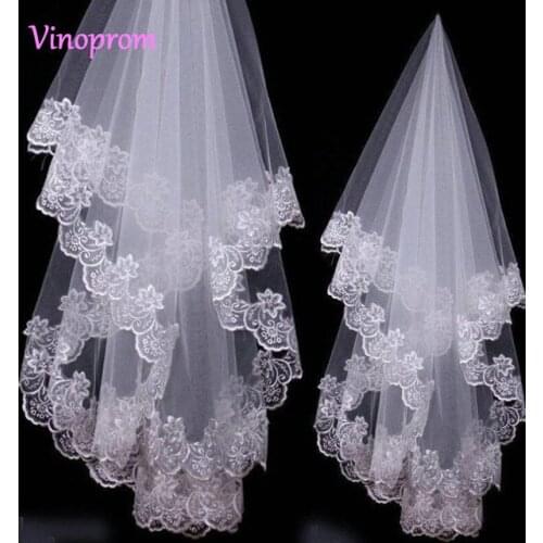 Arabic Cheap Real Image Wedding Veils 1 Layer Lace Applique Edge Tulle Bridal Veils Fingertip Length Muslim Bridal Veil