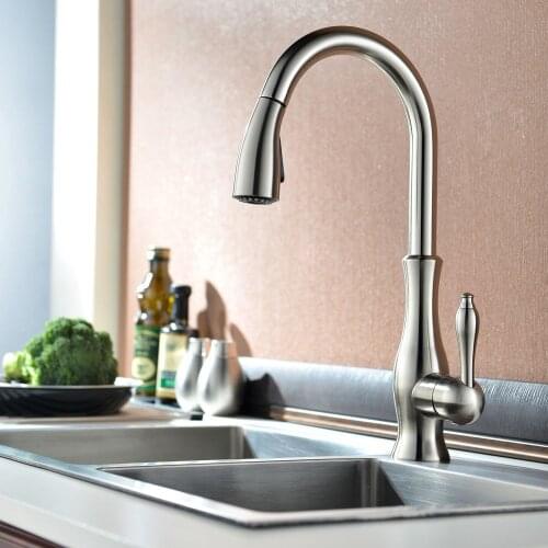 Luxury High Quality Brushed Nickel Pull Out Sprayer Kitchen Bar Sink Faucet Hand Held Sprayer Mixer, Solid Brass