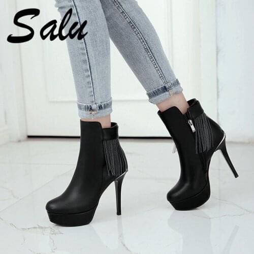 Salu Fashion Women Ankle Boots Round Toe High Heels Ladies Shoes Woman Zipper Party Club Pu Leather Basic Boots Size 42 43
