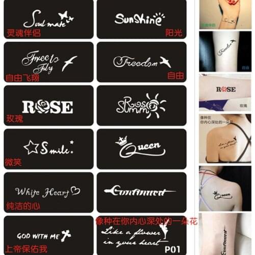 12pcs/set Henna Stencils for Painting Letters Star Rose Glitter Tattoo Stencil for Arm Leg Body Art Pochoir Peinture Templates